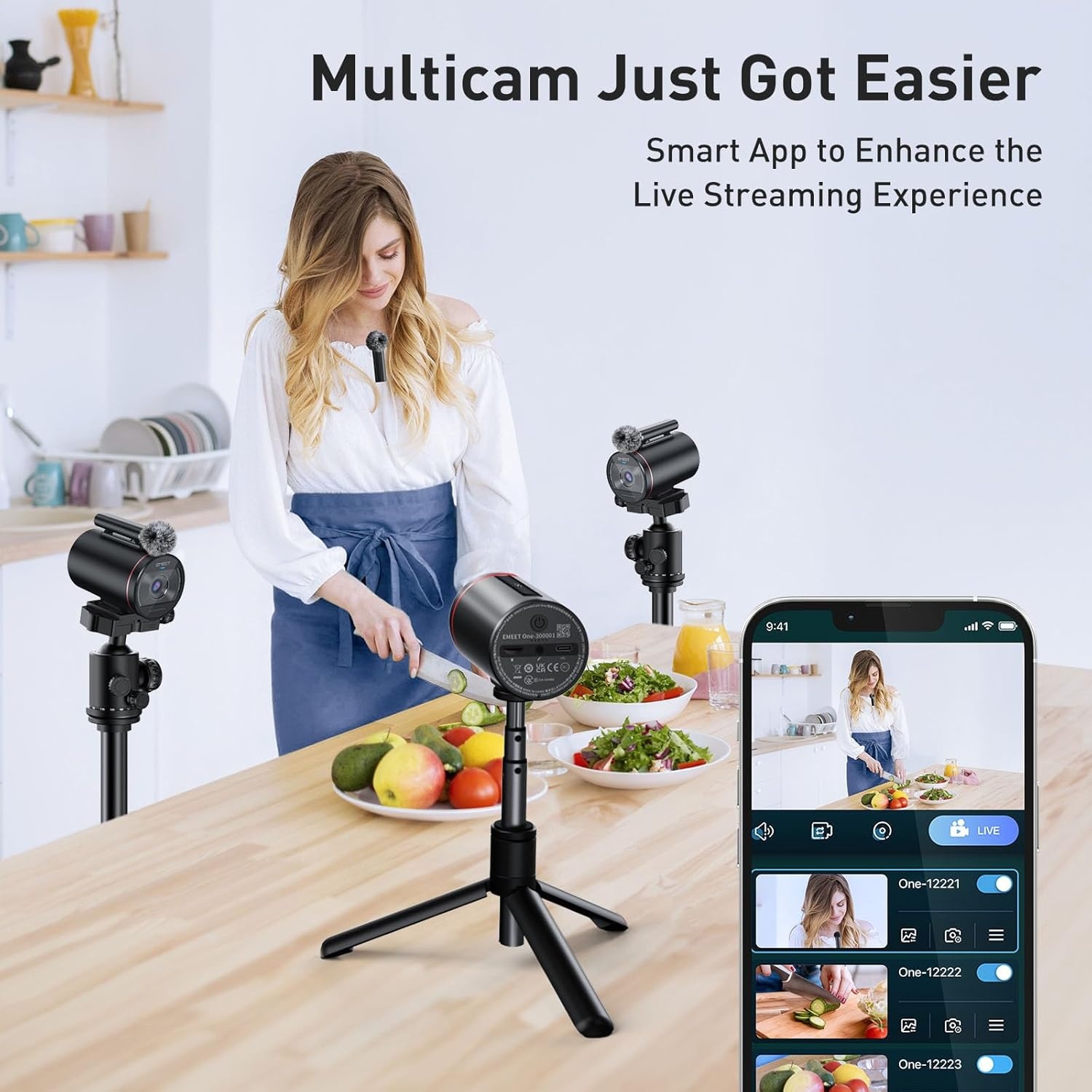 image:imageEMEET 3Pack StreamCam One Live Wireless Streaming Camera with Tripod for MultiCamera 1080p HD Video Quality Intelligent App Control 1 Detachable Mic amp 2 Builtin Noise Reduction Mics