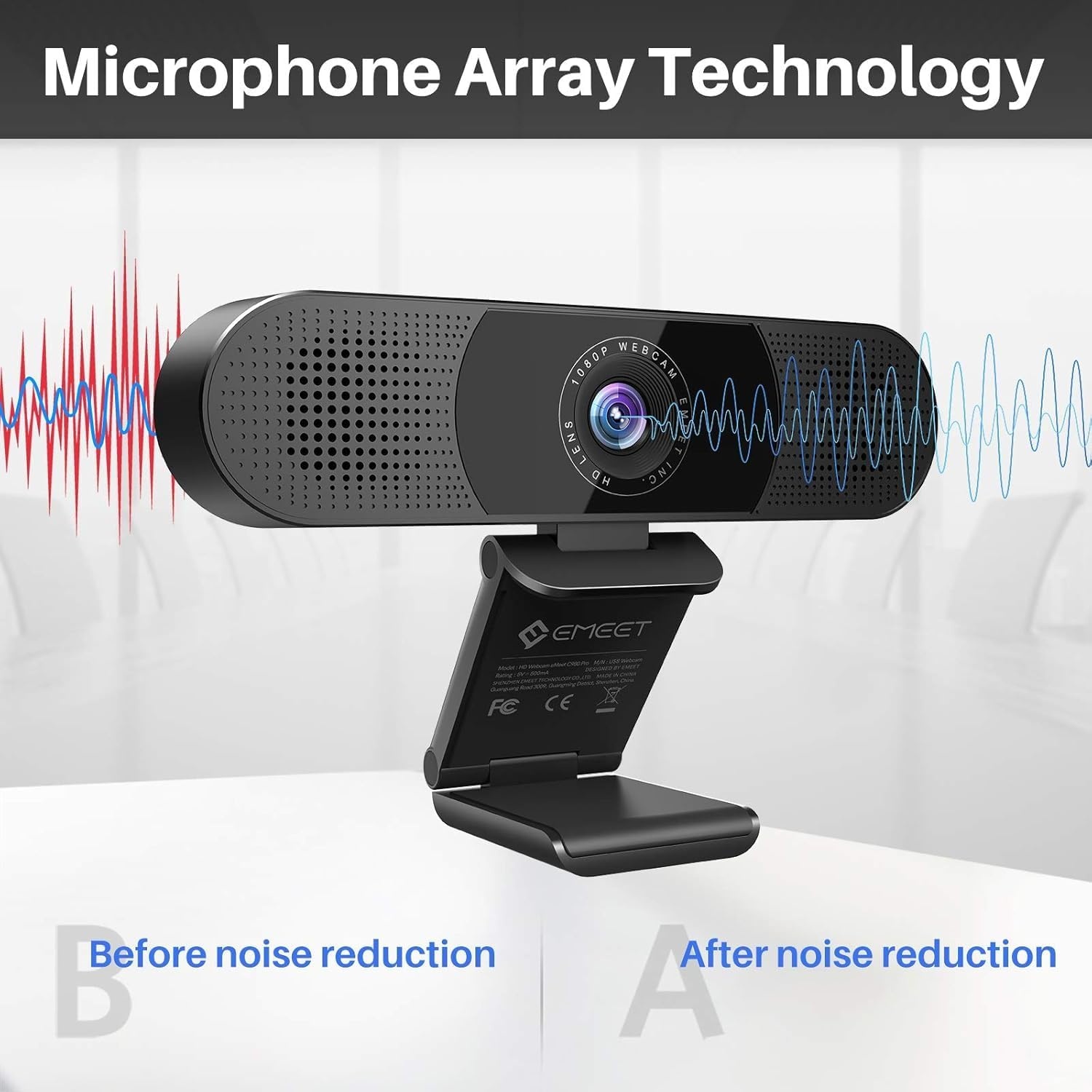 image:imageEMEET C980 PRO 3in1 1080P Webcam with Microphone and Speaker 6098 Wide Angle Webcam w 4 Noise Cancel Mics 2 Speakers Auto Low Light Correction WCover USB Camera for Online ConferenceClass1080P with 4Mics 2Speakers