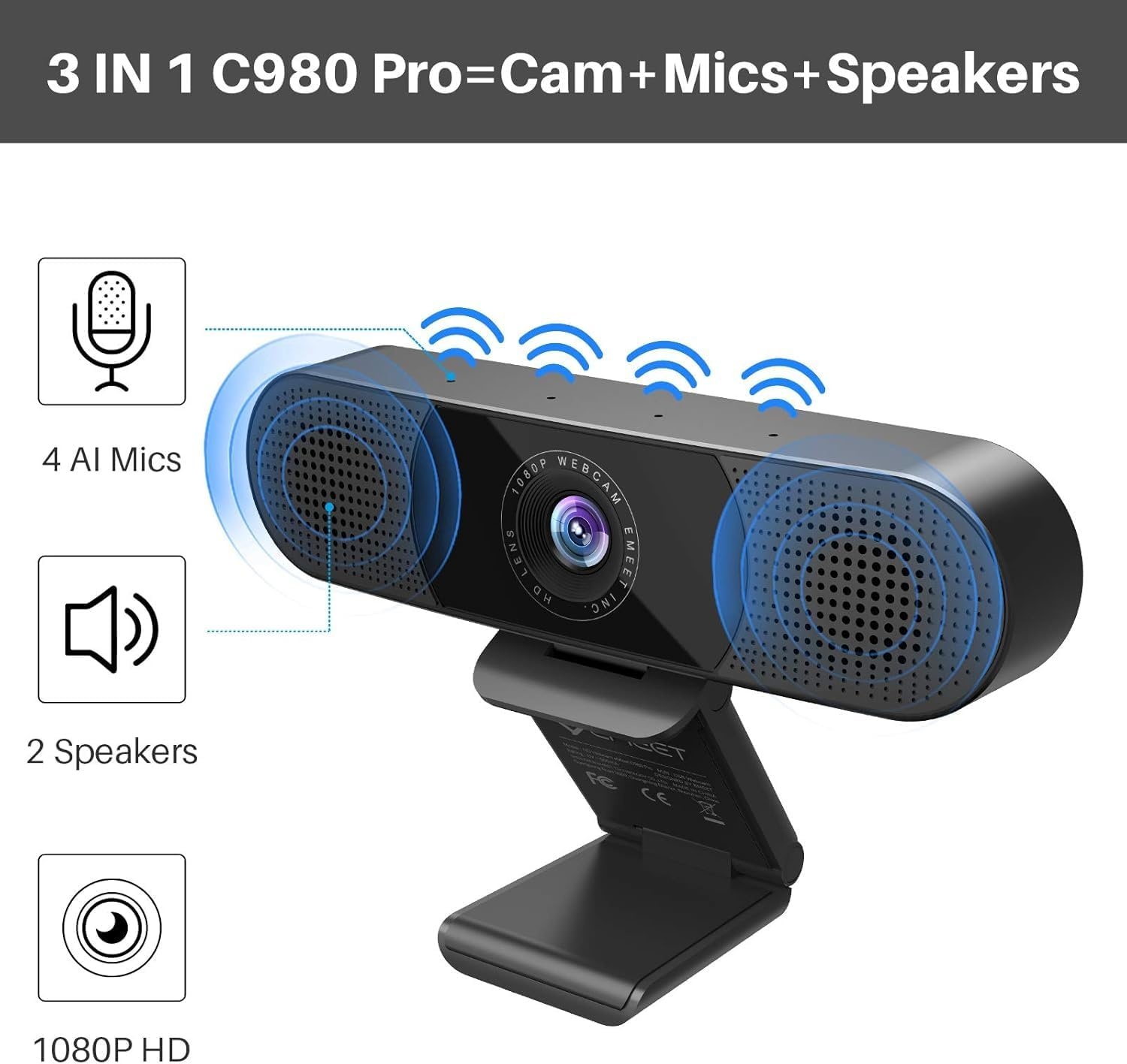 image:imageEMEET C980 PRO 3in1 1080P Webcam with Microphone and Speaker 6098 Wide Angle Webcam w 4 Noise Cancel Mics 2 Speakers Auto Low Light Correction WCover USB Camera for Online ConferenceClass1080P with 4Mics 2Speakers