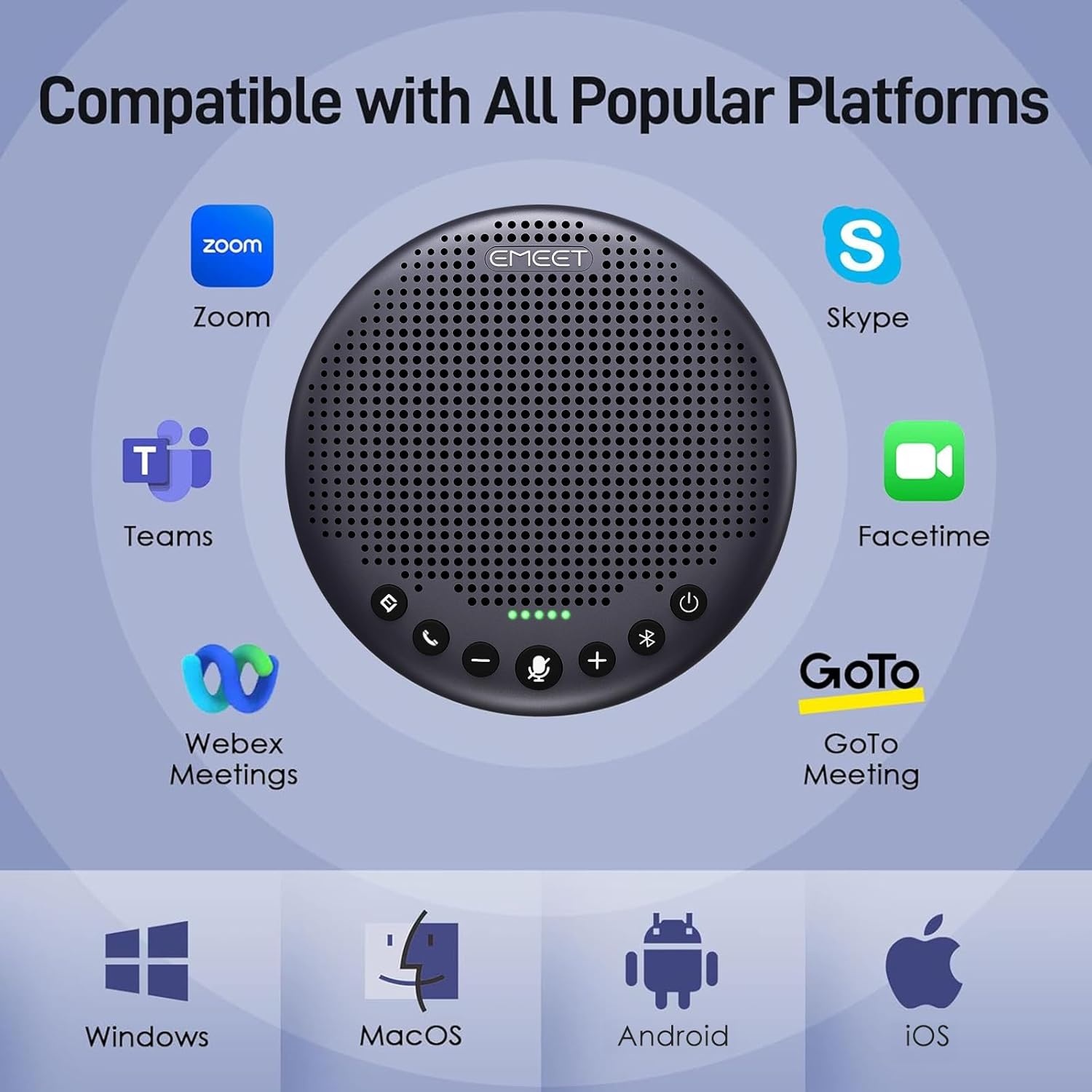 image:imageEMEET Conference Speaker and Microphone Luna 360 Voice Pickup wNoise ReductionMuteIndicator USB Bluetooth Speakerphone wDongle for 8 People Daisy Chain for 16 Compatible with Leading SoftwareLuna Plus for 10