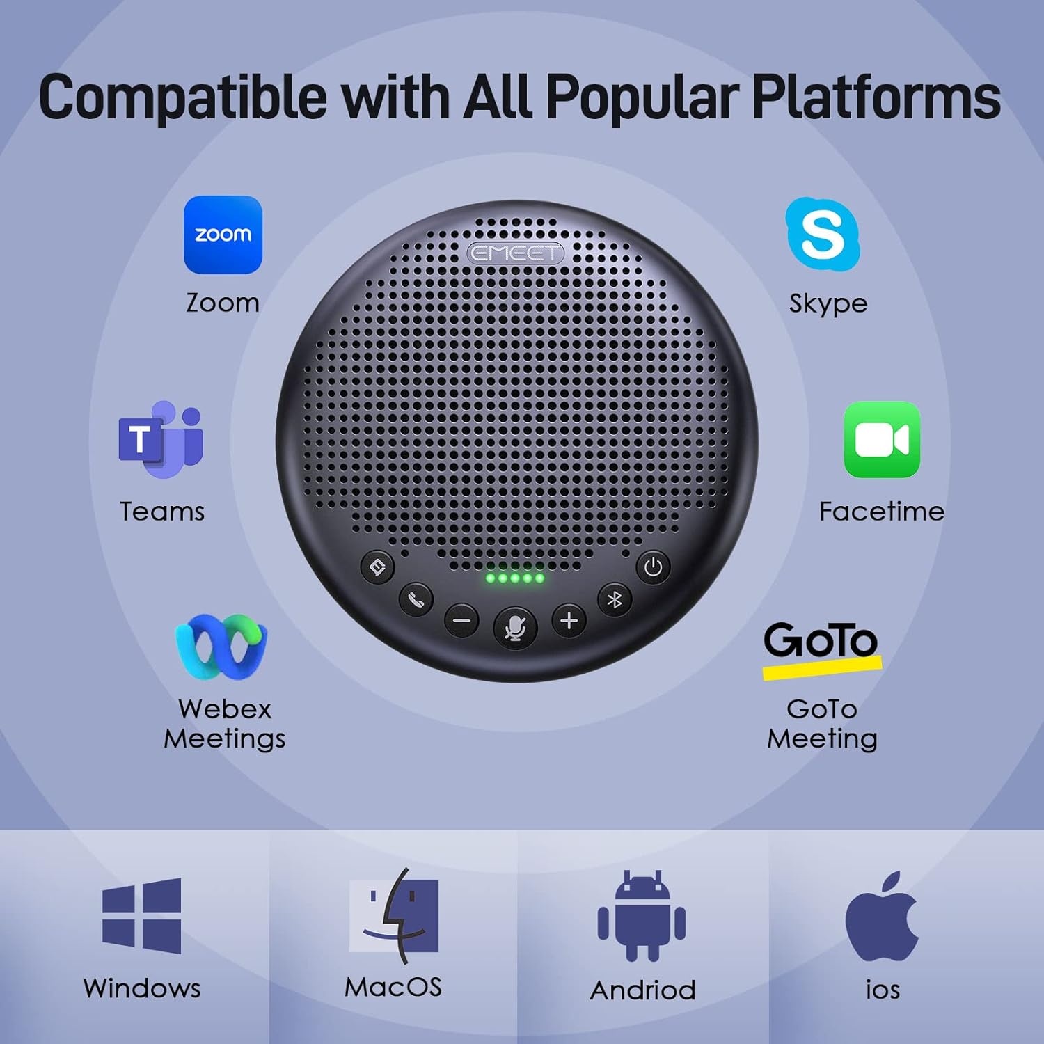 image:imageEMEET Conference Speaker and Microphone Luna 360 Voice Pickup wNoise ReductionMuteIndicator USB Bluetooth Speakerphone wDongle for 8 People Daisy Chain for 16 Compatible with Leading SoftwareLuna Plus Kit for 14