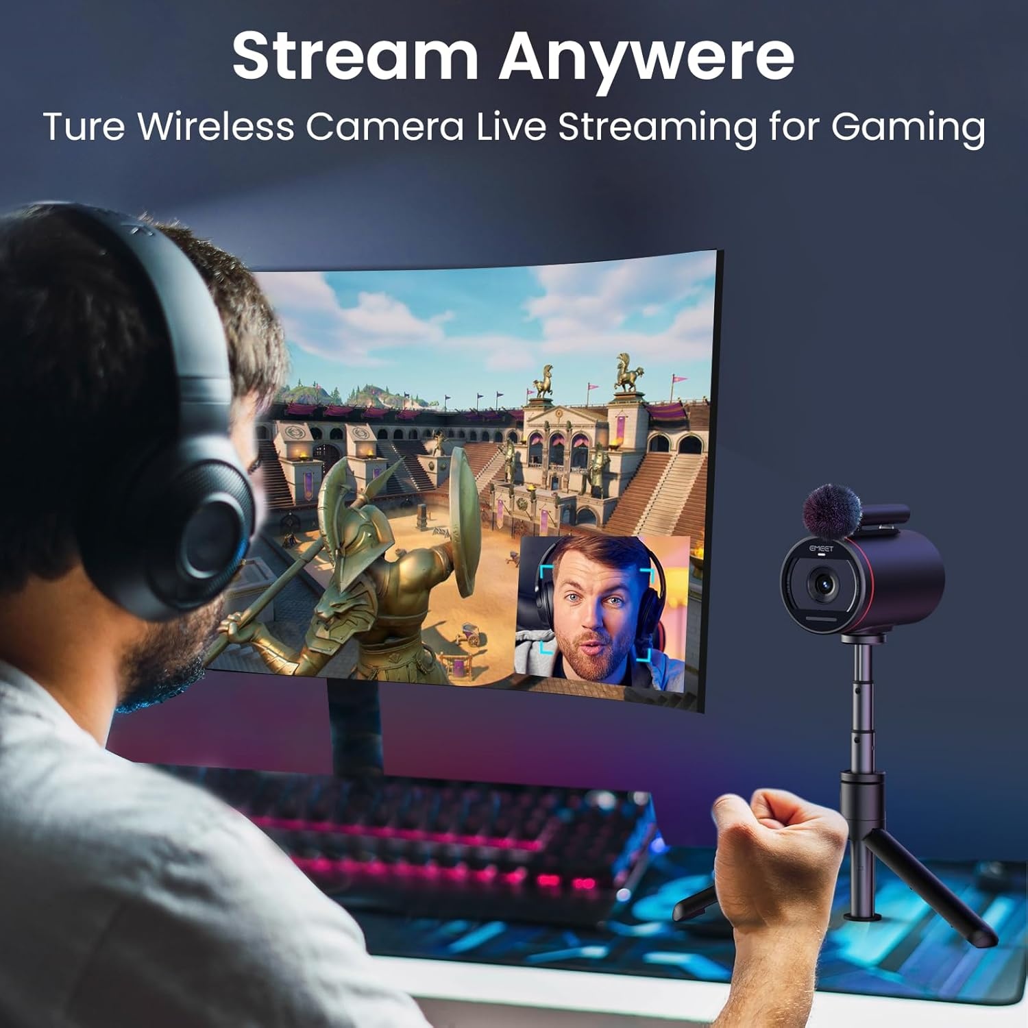 image:imageEMEET Streamcam One Wireless Streaming Camera 1080P HD Webcam with Sony Sensor Multicam support 1 Detachable Mic amp 2 Builtin Noise Reduction Mics 8H Streaming Battery for YoutubeTwitchFacebook