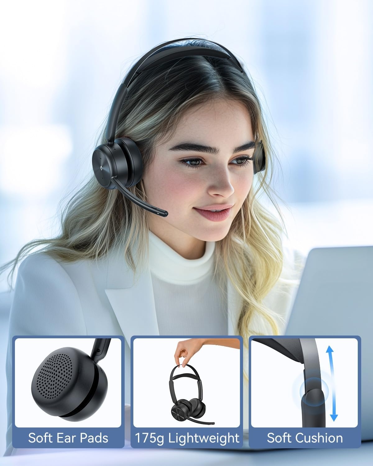 image:imageEMEET Wireless Headset HS80 Gen2 Bluetooth Headset with Noise Canceling Microphone Charging Base Mute Button 24G Wireless USB Dongle 46hrs Work Time for PCCall CenterZoomSkype
