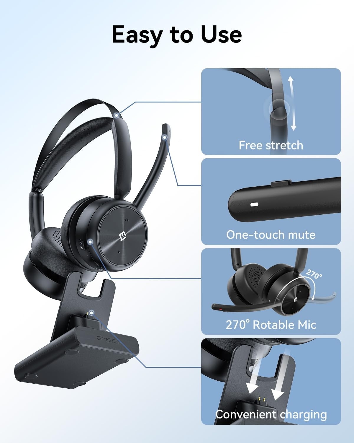 image:imageEMEET Wireless Headset HS80 Gen2 Bluetooth Headset with Noise Canceling Microphone Charging Base Mute Button 24G Wireless USB Dongle 46hrs Work Time for PCCall CenterZoomSkype