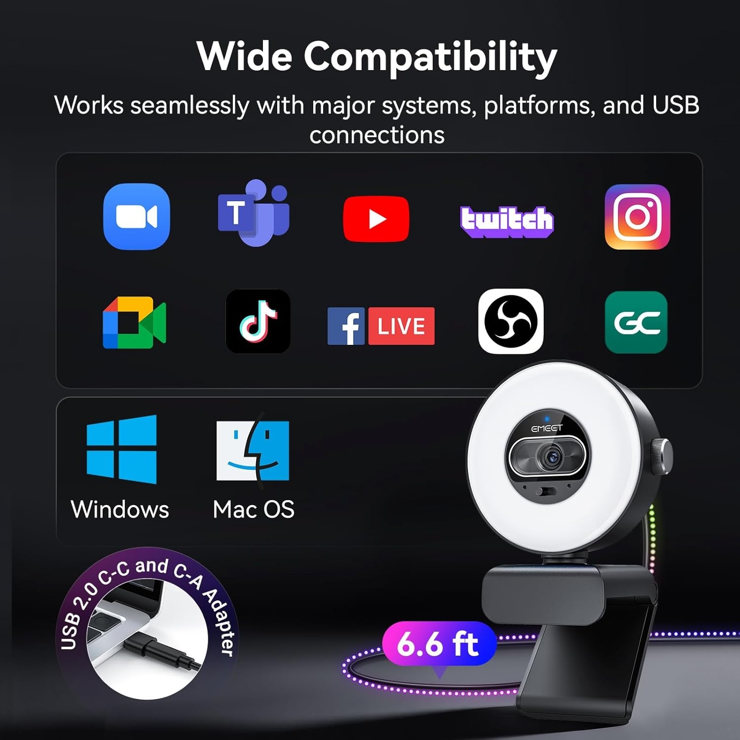 image:imageEMEET S600 4K Webcam for Streaming Sony 1255 Sensor PDAF Autofocus 1080P60FPS 2 Noise Reduction Mics Builtin Privacy Cover 73 FOV Streaming Camera for Live CommerceGamingBeautyS600L Ring Light 12 Sensor