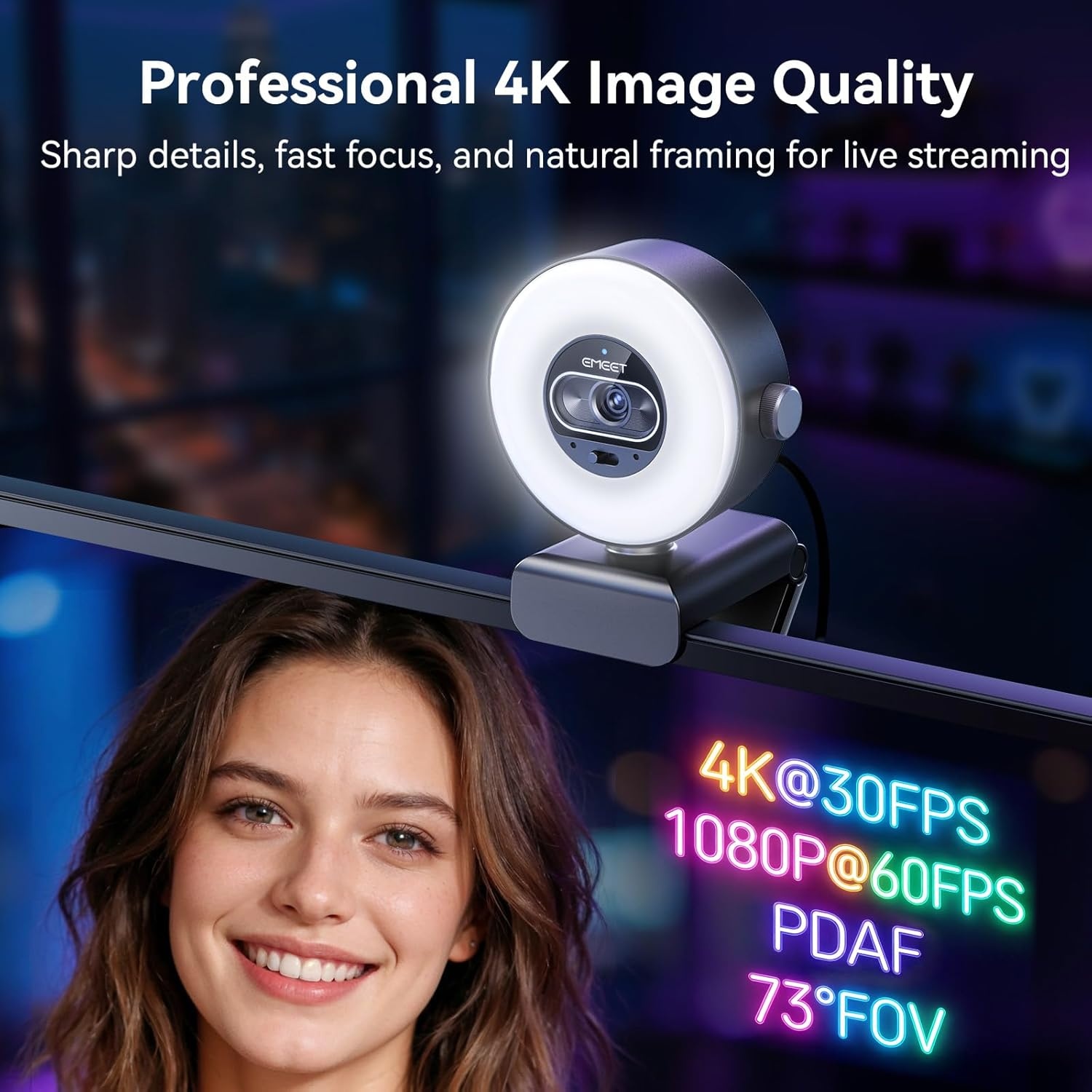image:imageEMEET S600 4K Webcam for Streaming Sony 1255 Sensor PDAF Autofocus 1080P60FPS 2 Noise Reduction Mics Builtin Privacy Cover 73 FOV Streaming Camera for Live CommerceGamingBeautyS600L Ring Light 12 Sensor