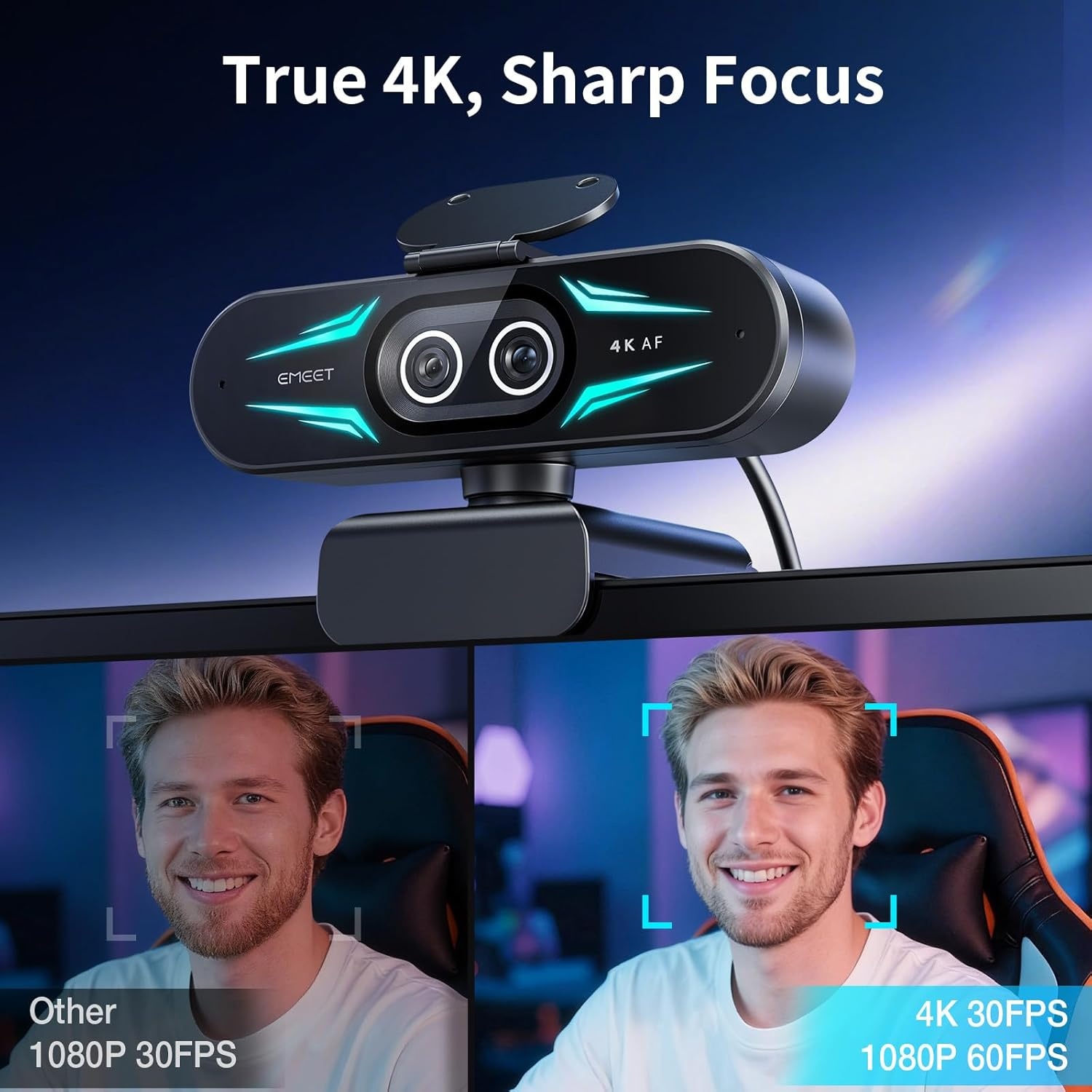 image:imageEMEET C60E DualCamera 4K Webcam for Streaming WideAngle and Telephoto Cameras Max 11X Hybrid Zoom amp PDAF Autofocus Remote Control RGB Lighting 2 Mics Ideal for Livestreaming and Online MeetingDualCamera w Remote