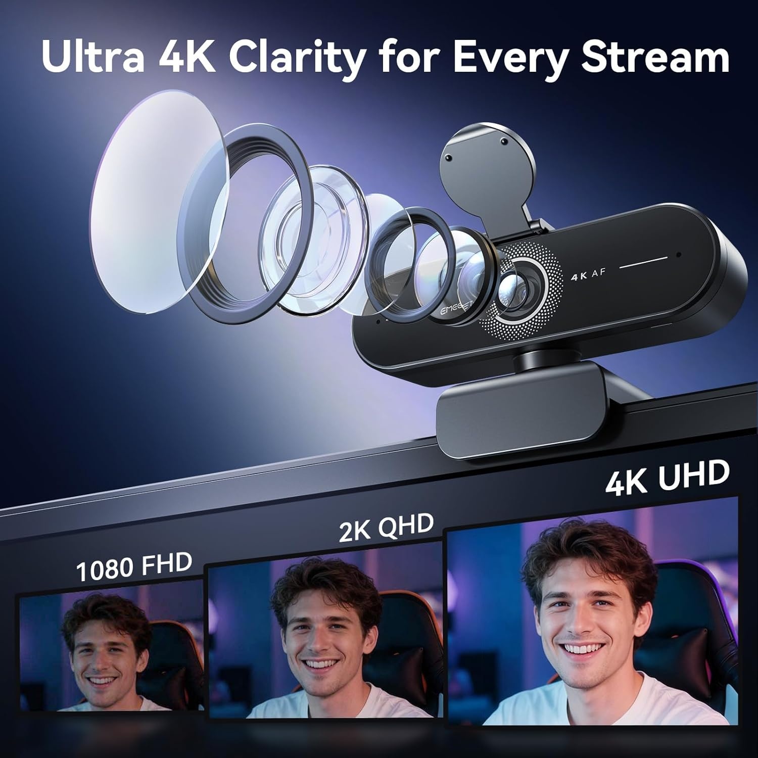 image:imageEMEET C60E DualCamera 4K Webcam for Streaming WideAngle and Telephoto Cameras Max 11X Hybrid Zoom amp PDAF Autofocus Remote Control RGB Lighting 2 Mics Ideal for Livestreaming and Online MeetingSingleCamera w Tripod