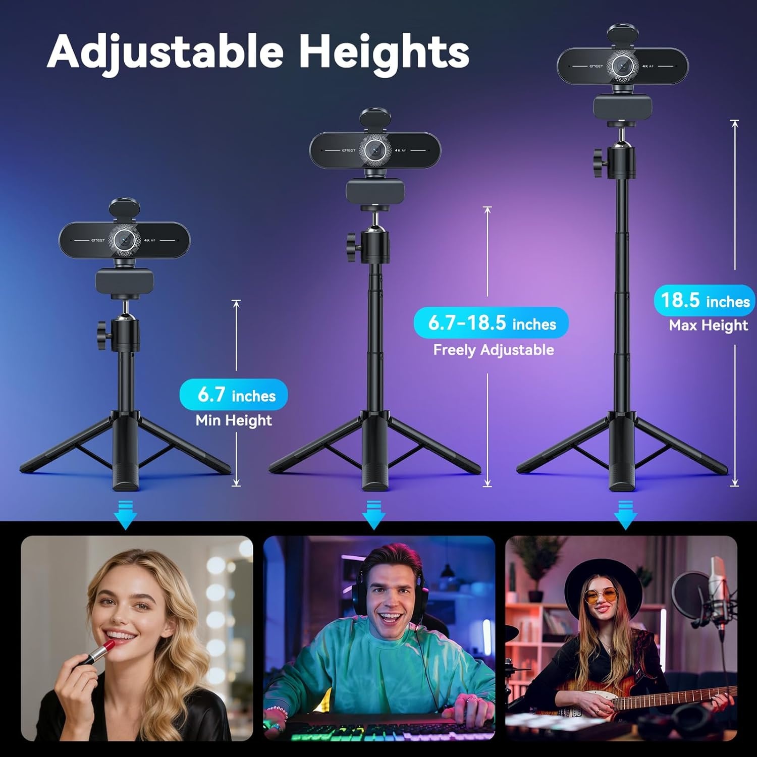 image:imageEMEET C60E DualCamera 4K Webcam for Streaming WideAngle and Telephoto Cameras Max 11X Hybrid Zoom amp PDAF Autofocus Remote Control RGB Lighting 2 Mics Ideal for Livestreaming and Online MeetingSingleCamera w Tripod