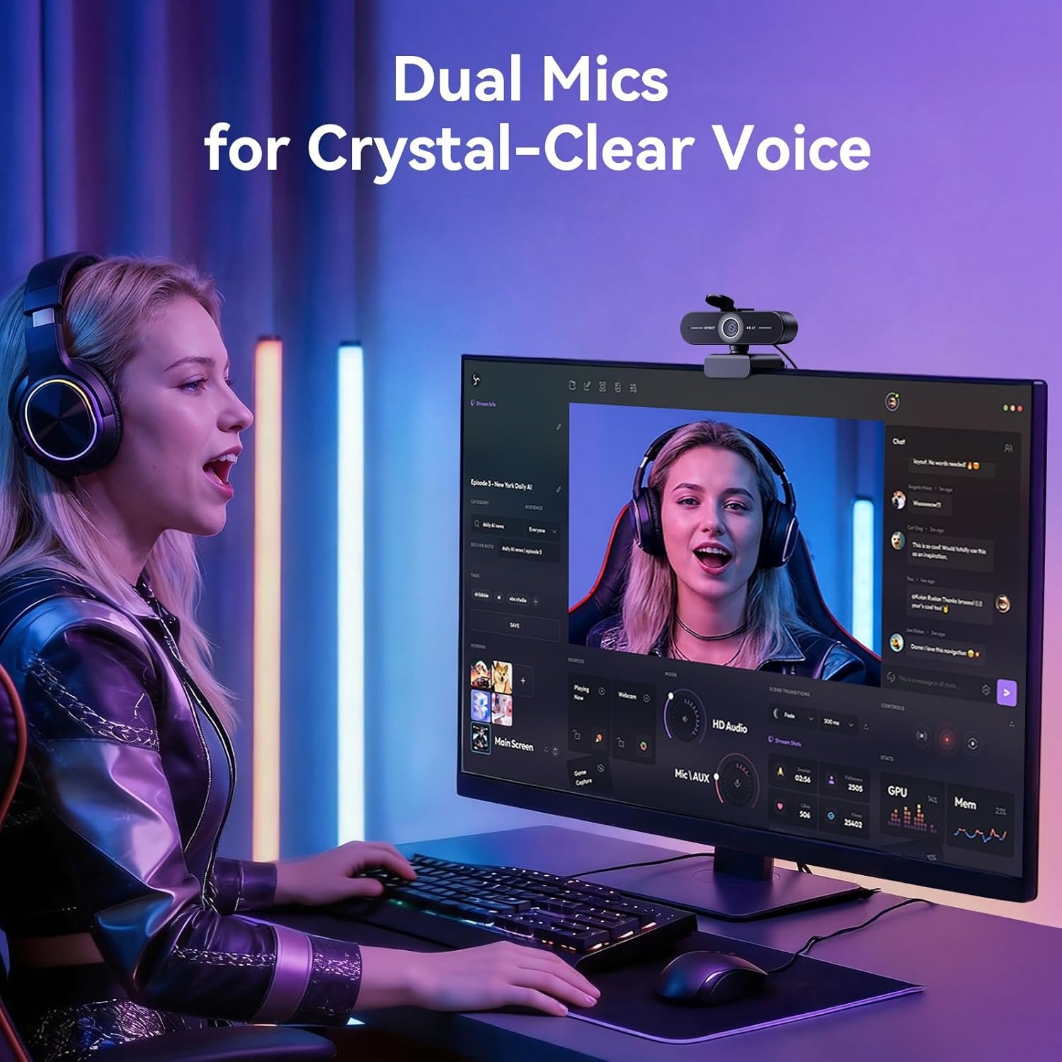 image:imageEMEET C60E DualCamera 4K Webcam for Streaming WideAngle and Telephoto Cameras Max 11X Hybrid Zoom amp PDAF Autofocus Remote Control RGB Lighting 2 Mics Ideal for Livestreaming and Online MeetingSingleCamera w Tripod