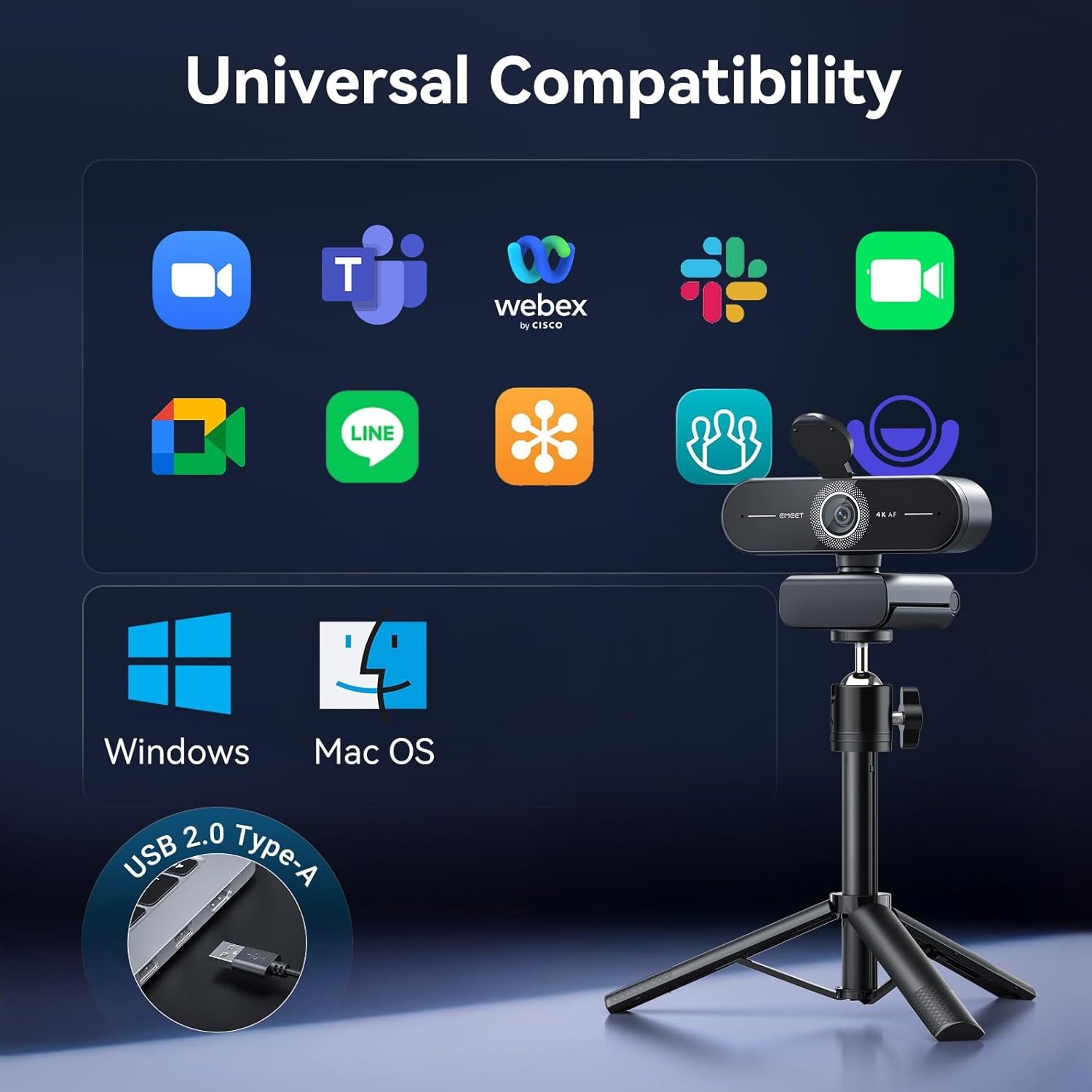 image:imageEMEET C60E DualCamera 4K Webcam for Streaming WideAngle and Telephoto Cameras Max 11X Hybrid Zoom amp PDAF Autofocus Remote Control RGB Lighting 2 Mics Ideal for Livestreaming and Online MeetingSingleCamera w Tripod