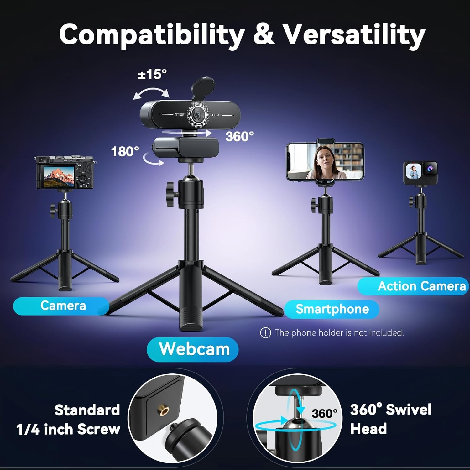 image:imageEMEET C60E DualCamera 4K Webcam for Streaming WideAngle and Telephoto Cameras Max 11X Hybrid Zoom amp PDAF Autofocus Remote Control RGB Lighting 2 Mics Ideal for Livestreaming and Online MeetingSingleCamera w Tripod