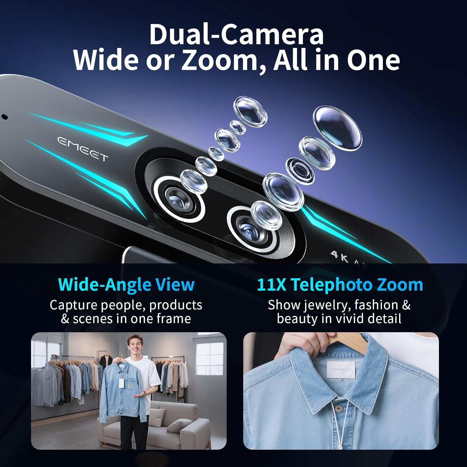 image:imageEMEET C60E DualCamera 4K Webcam for Streaming WideAngle and Telephoto Cameras Max 11X Hybrid Zoom amp PDAF Autofocus Remote Control RGB Lighting 2 Mics Ideal for Livestreaming and Online MeetingDualCamera w Remote