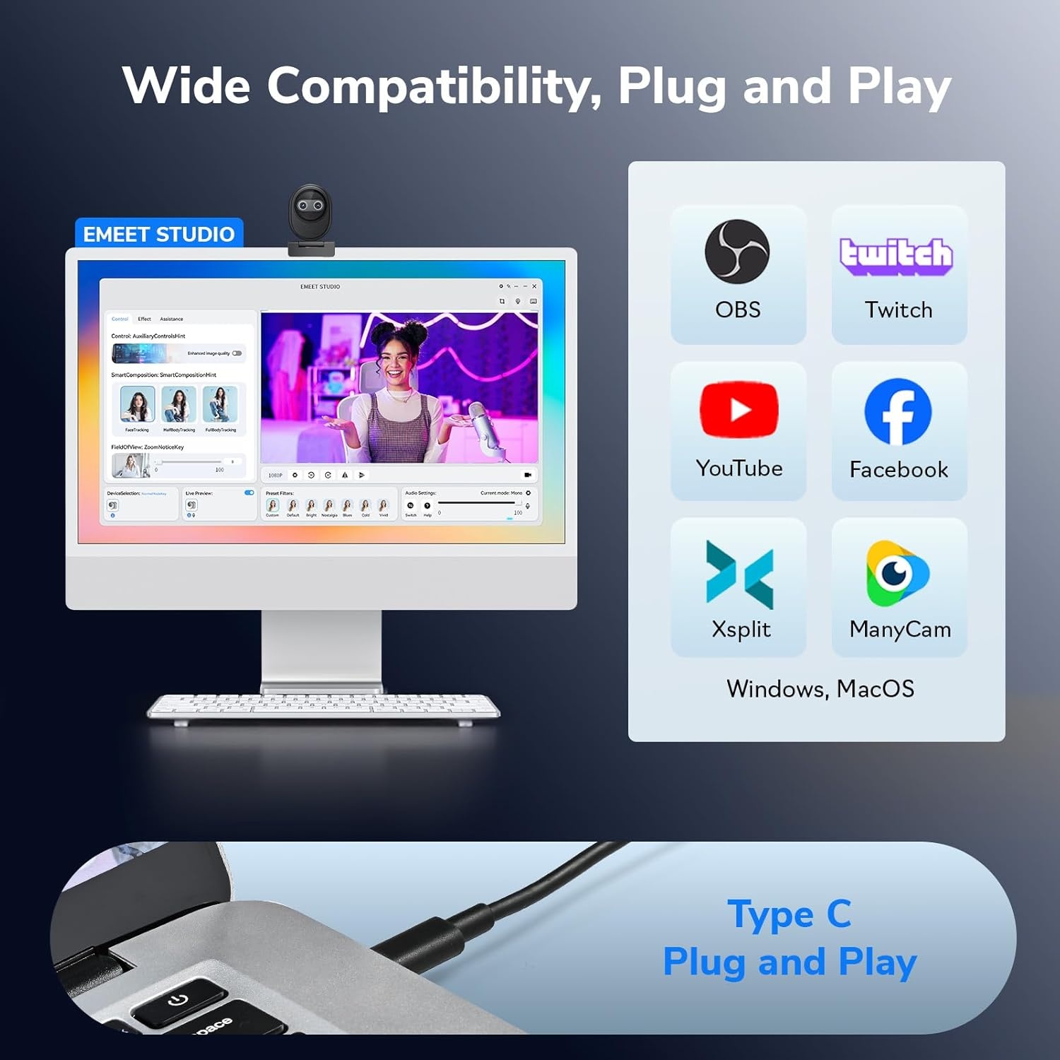 image:imageEMEET Piko 4K Webcam for Streaming Worlds 1st DualCamera AIPowered 4K Camera wAI Autofocus 3 Mics Arrayamp3 Sound Modes USB Webcam with Clip Great for Streaming Desk SetupBlack