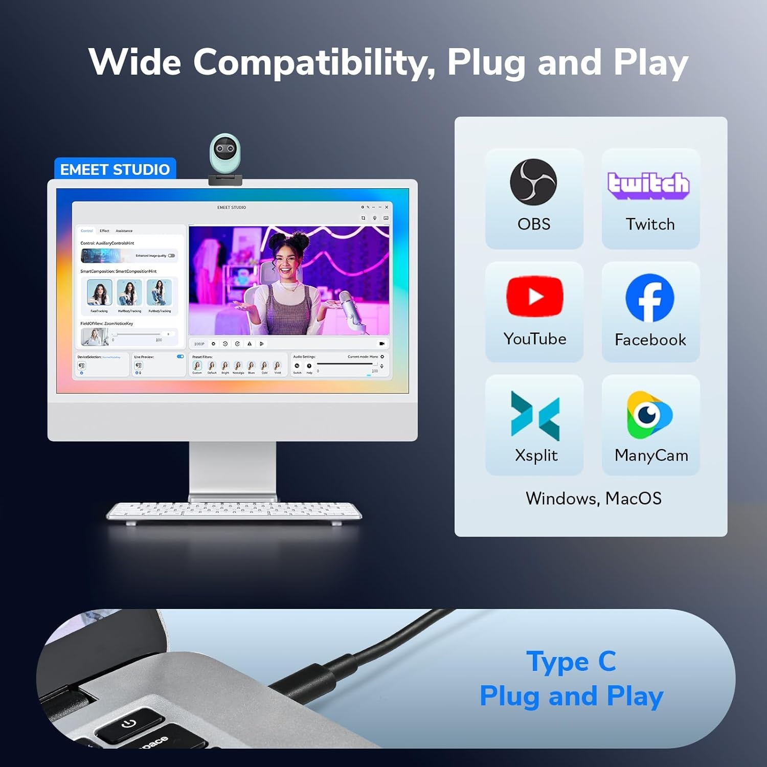 image:imageEMEET Piko 4K Webcam for Streaming Worlds 1st DualCamera AIPowered 4K Camera wAI Autofocus 3 Mics Arrayamp3 Sound Modes USB Webcam with Clip Great for Streaming Desk SetupGreen